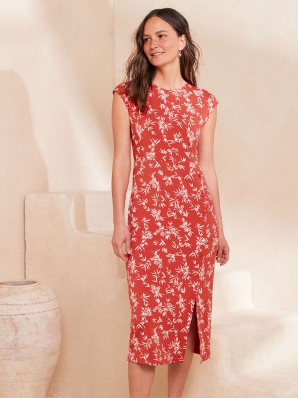 NWT Garnet Hill Red Leaf Cap-Sleeve Knit Column Button Dress, Size XL